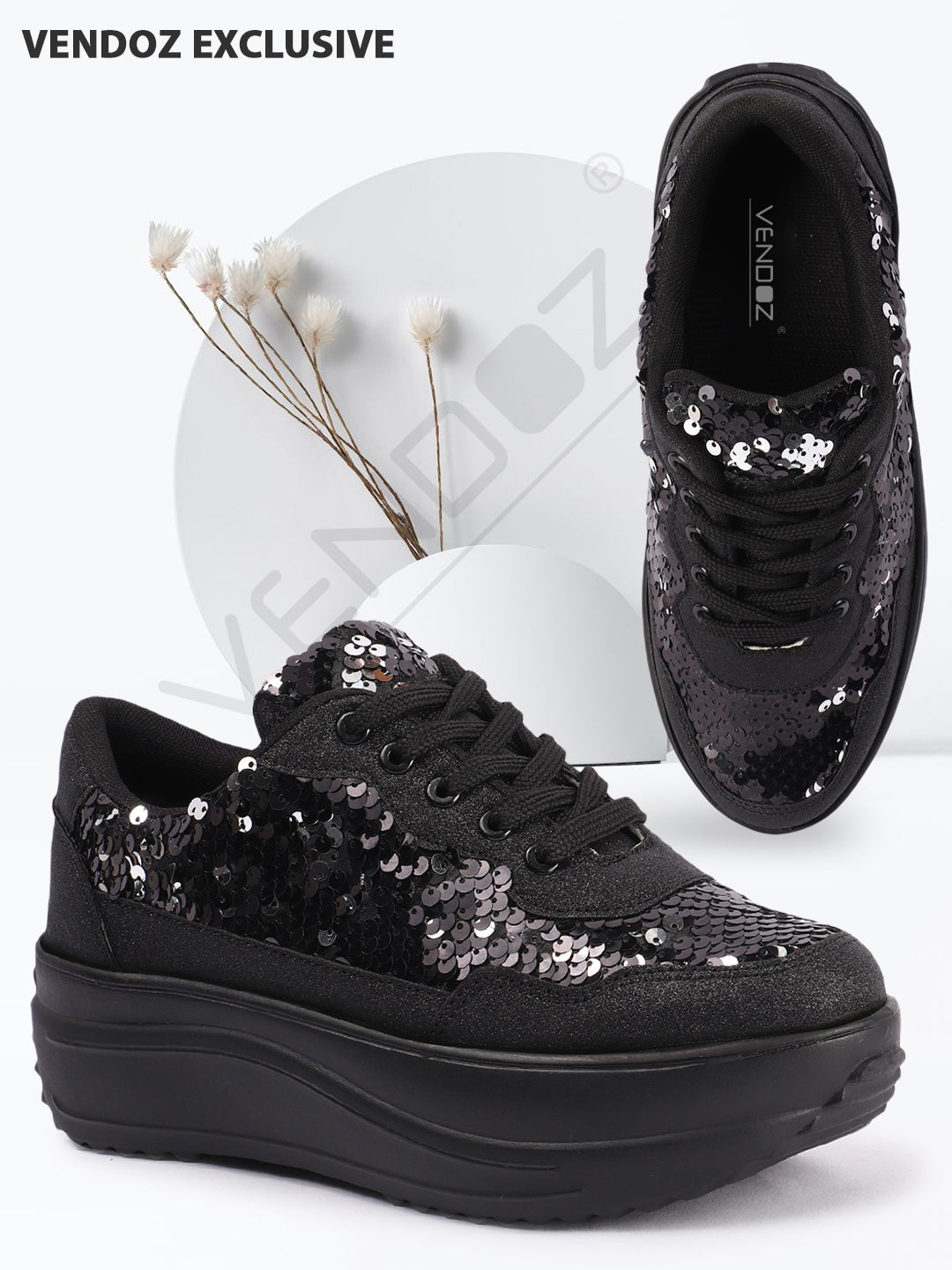Embellished Lace up Black Sneakers