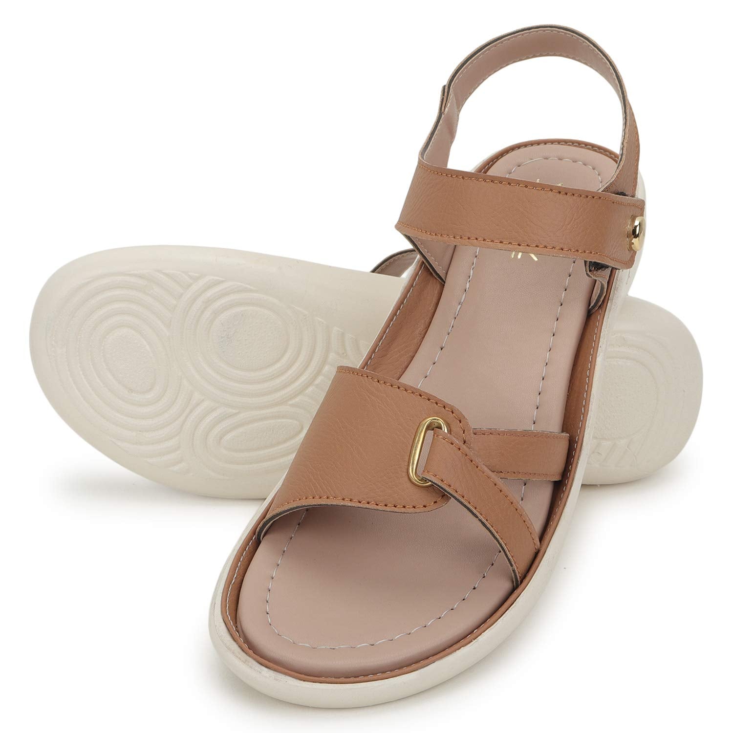 Tan Synthetic Leather Casual Open Toe Flats