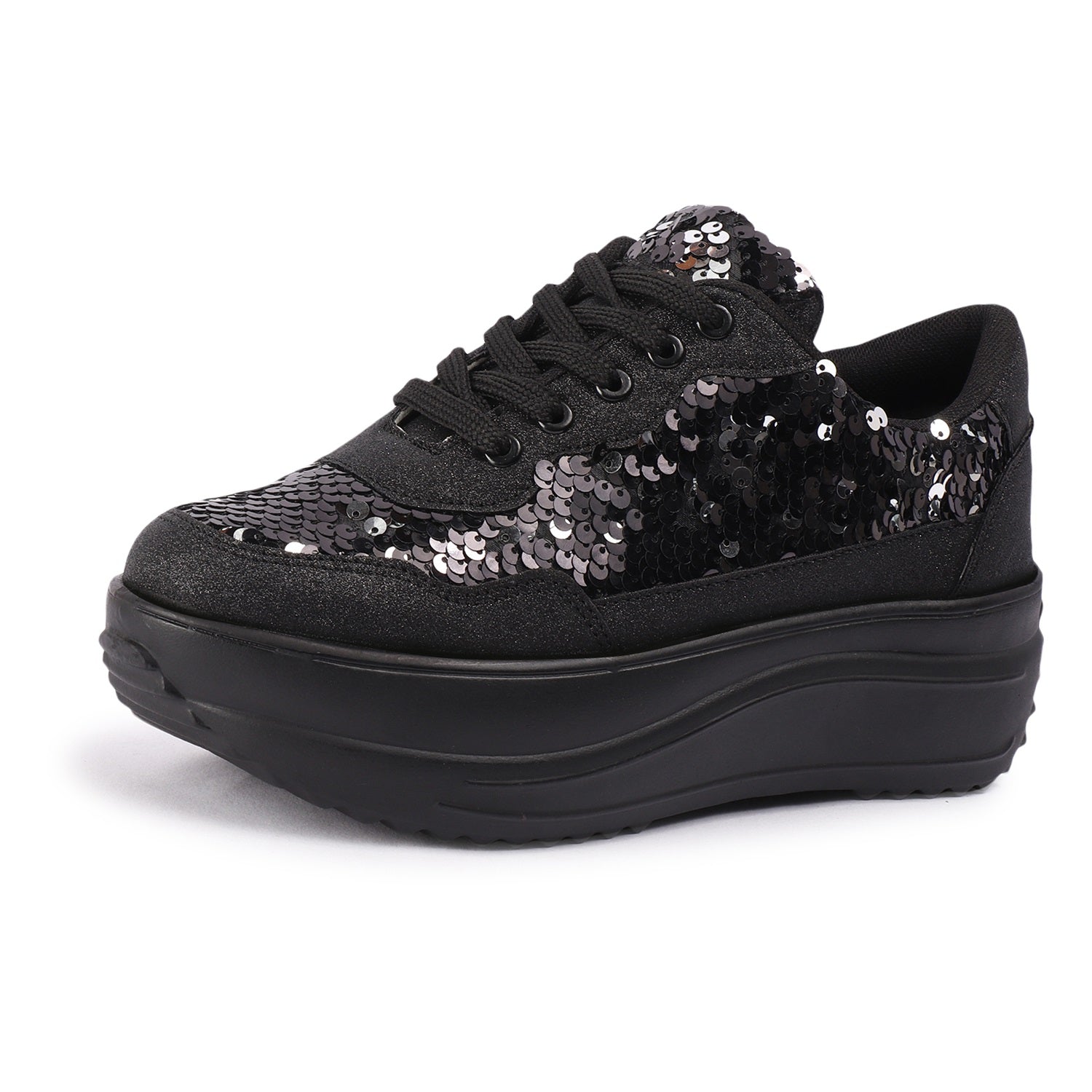 Embellished Lace up Black Sneakers
