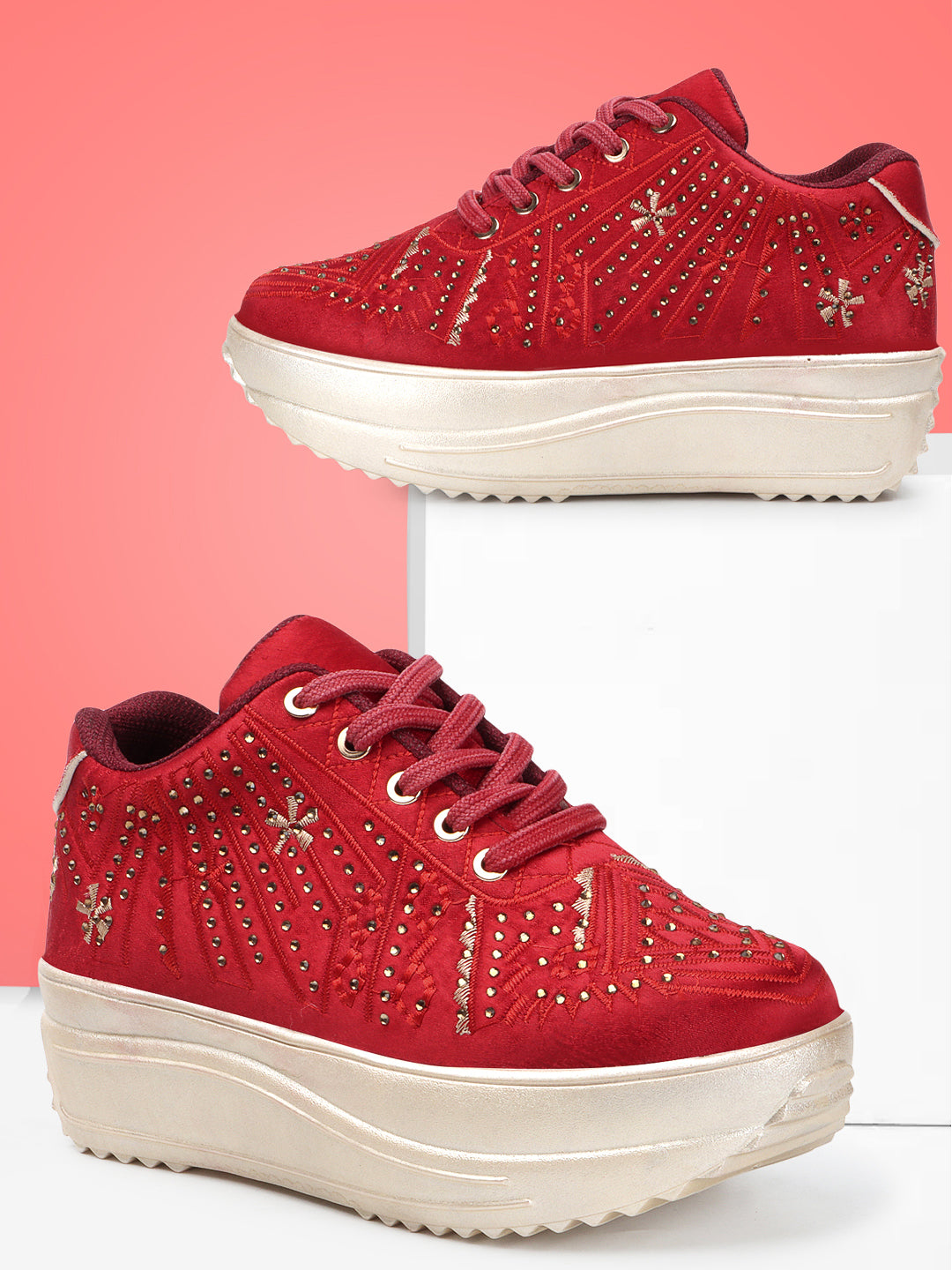 Textured Round Toe Wedding Party Red Sneakers