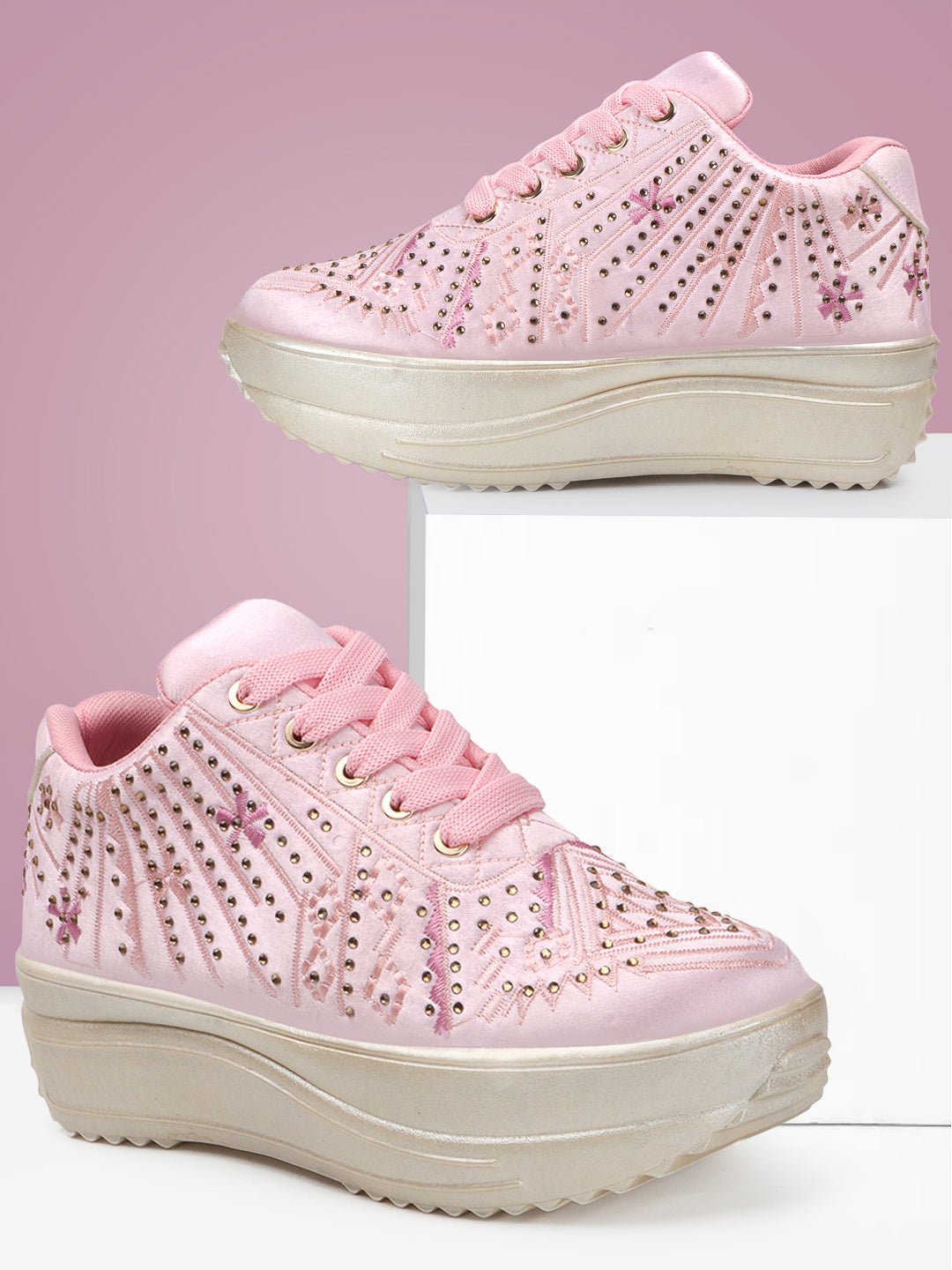 Textured Round Toe Wedding Party Pink Sneakers