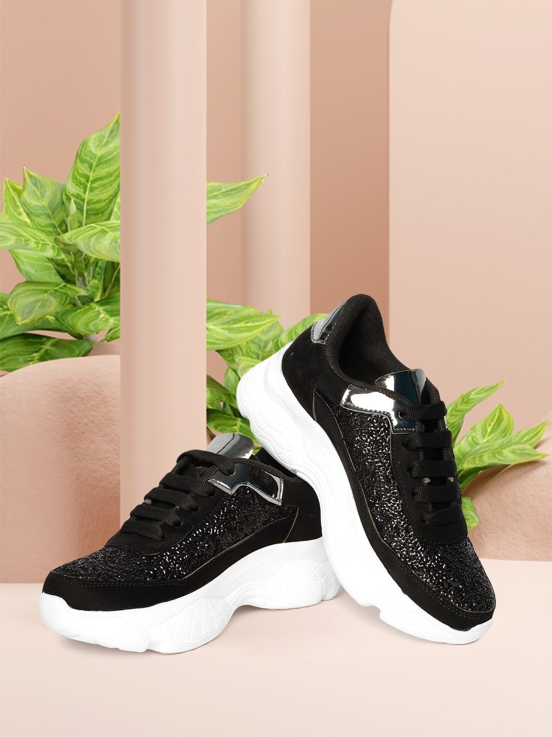 Black Sequinned Textured Sneakers