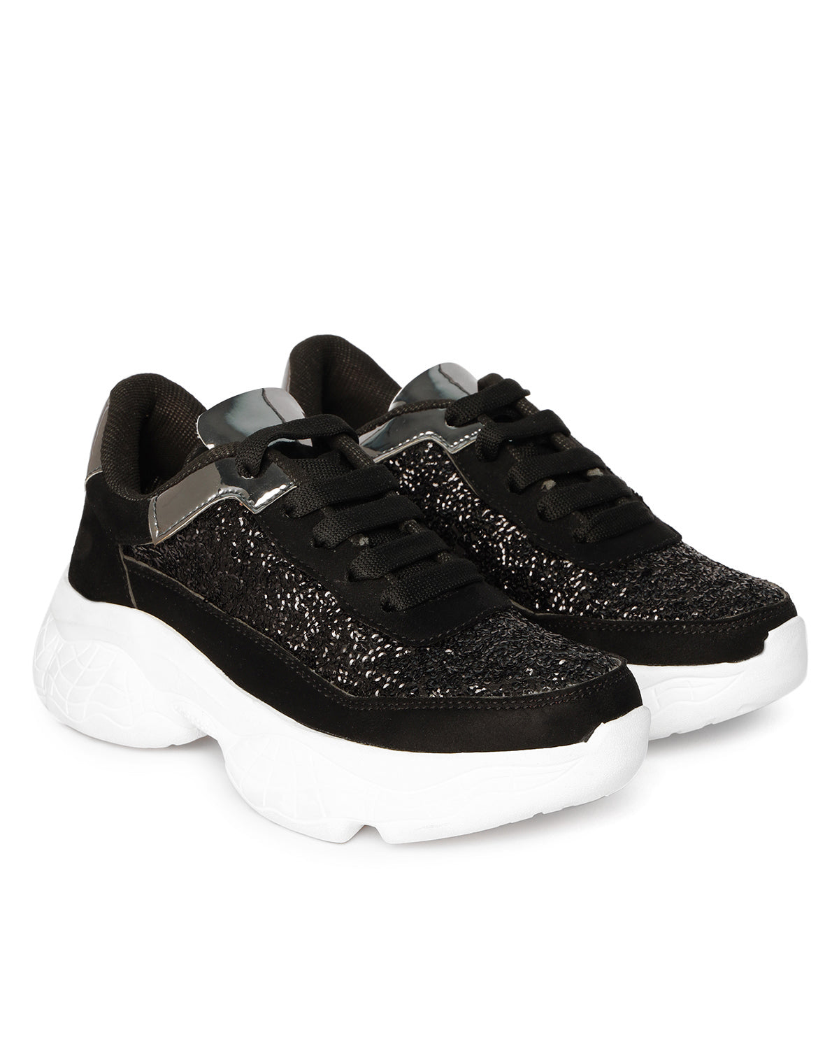 Black Sequinned Textured Sneakers