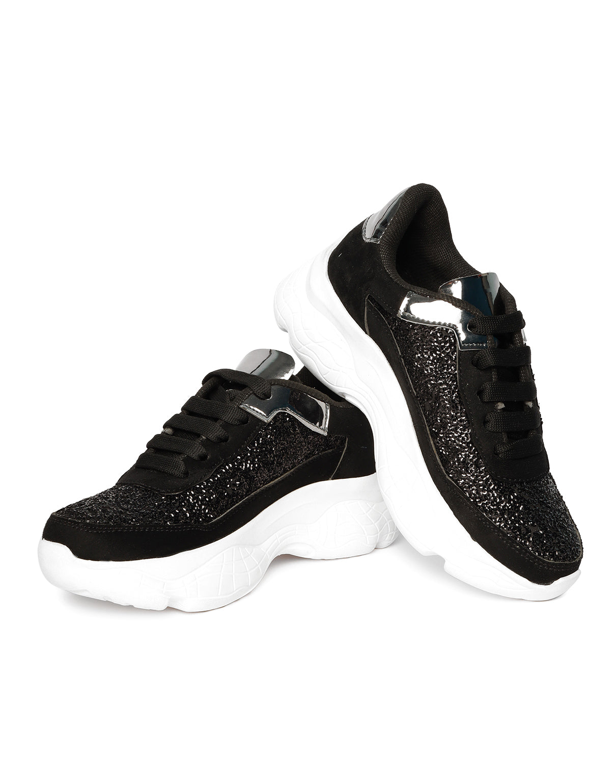 Black Sequinned Textured Sneakers