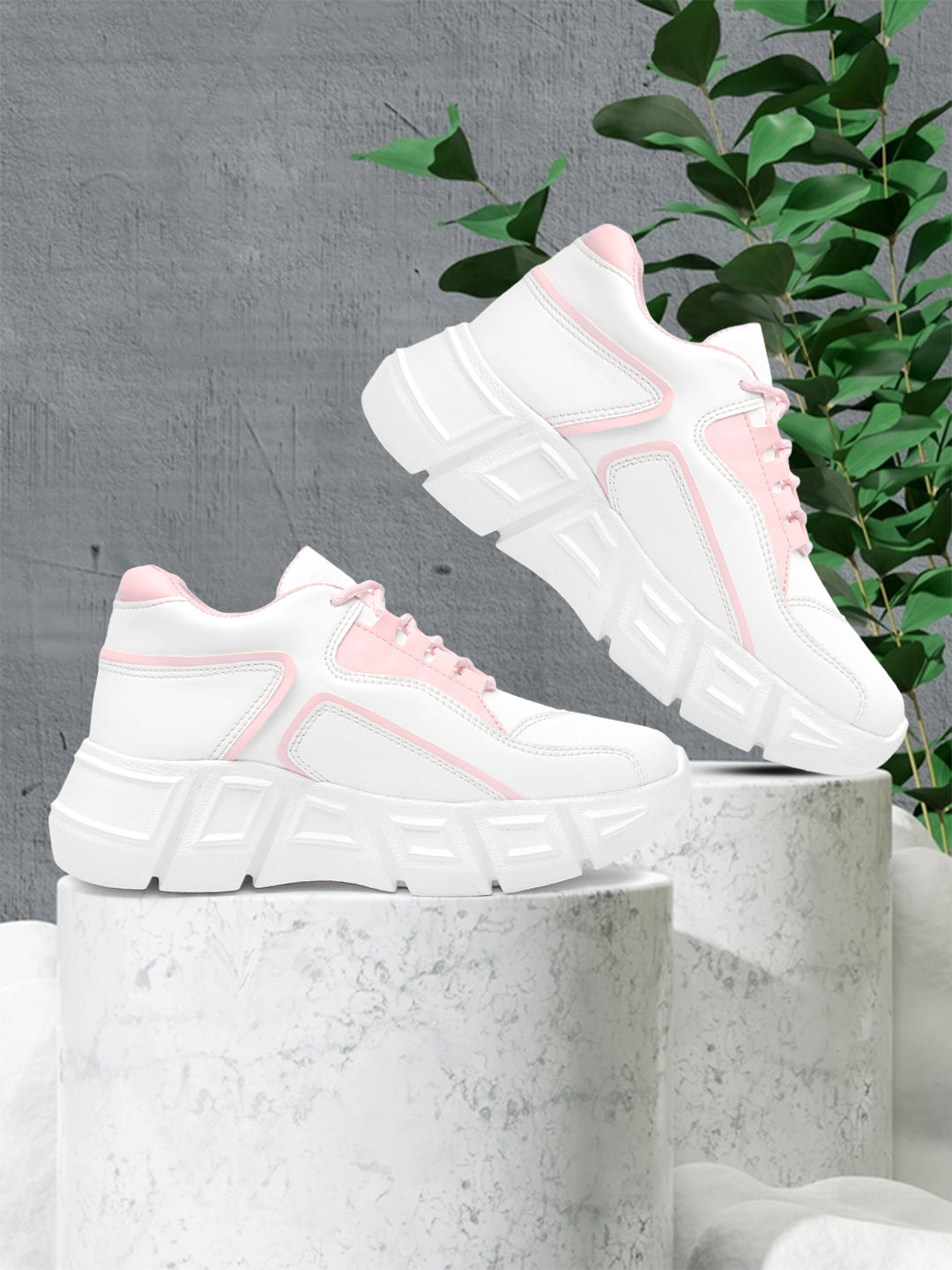 White Chunky Sneakers With Pink Shade