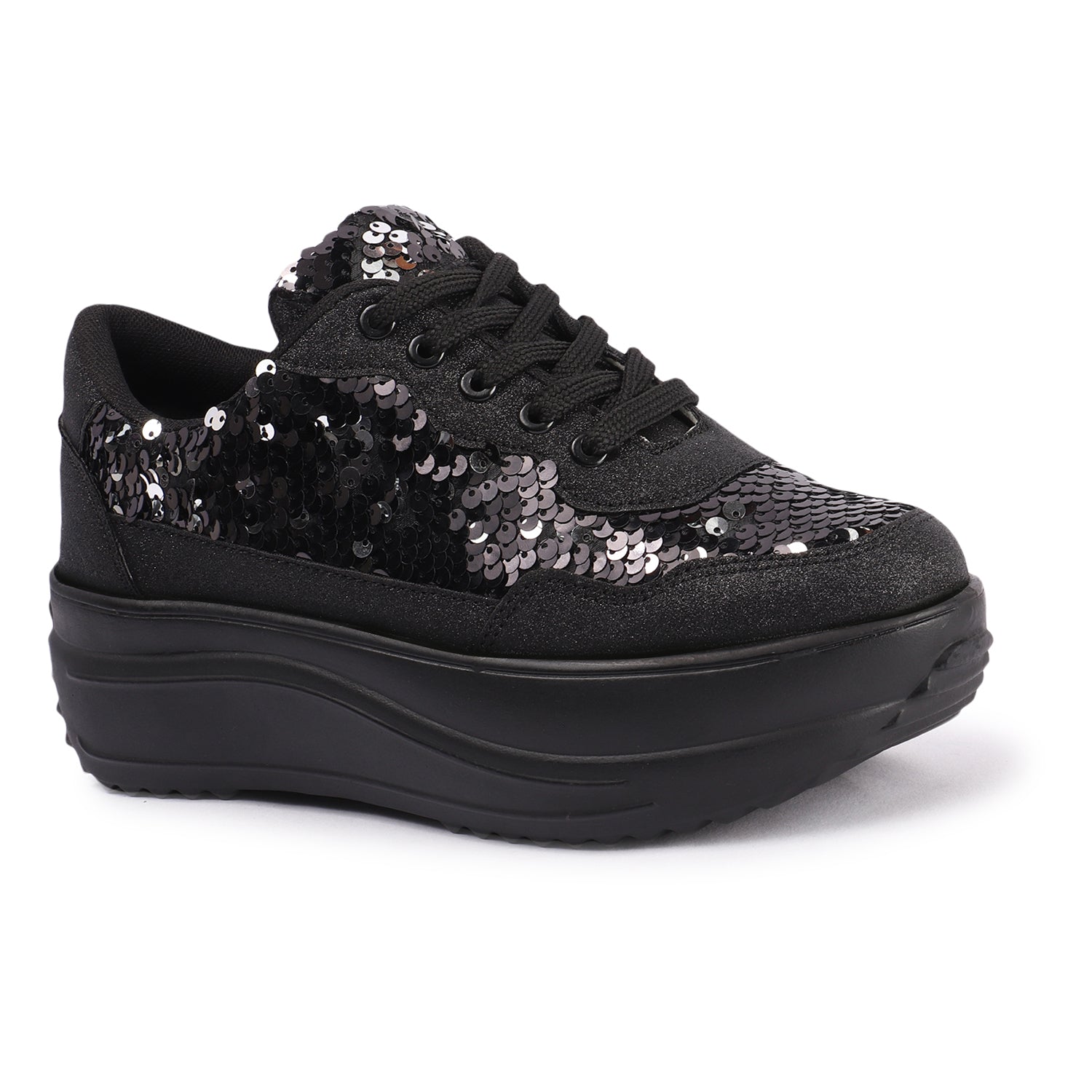 Embellished Lace up Black Sneakers
