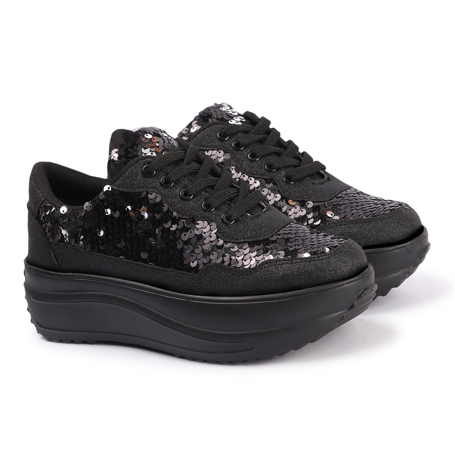 Embellished Lace up Black Sneakers